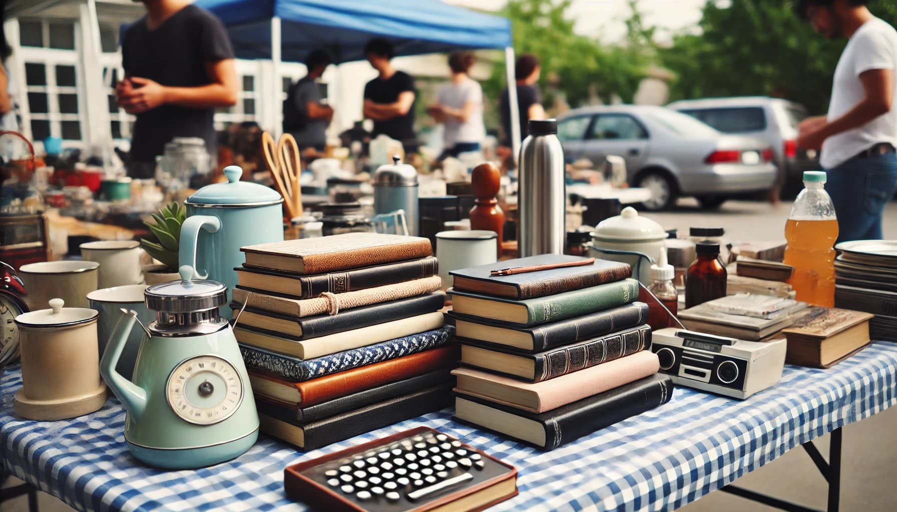 A close-up shot of a table at a garage sale, neatly arranged with various items such as books, kitchenware, and small electronics. The background shows a few people browsing other tables.