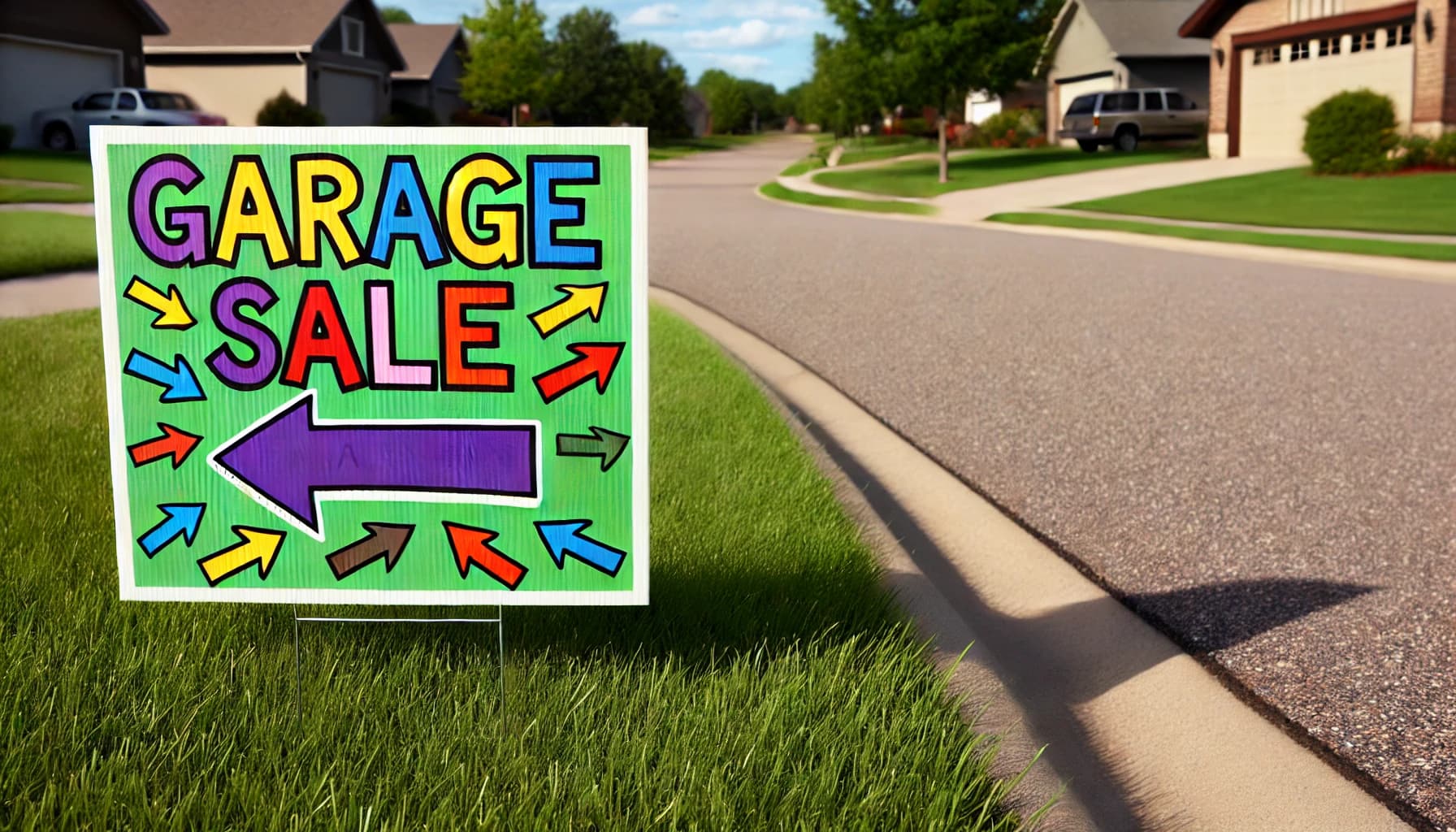 A suburban street with a colorful sign nailed to the grass advertising a garage sale, with arrows pointing towards the direction of the sale.